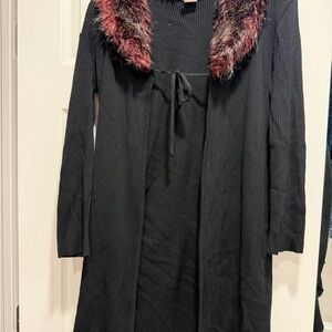 Black Long Cardigan with Faux Fur Collar
